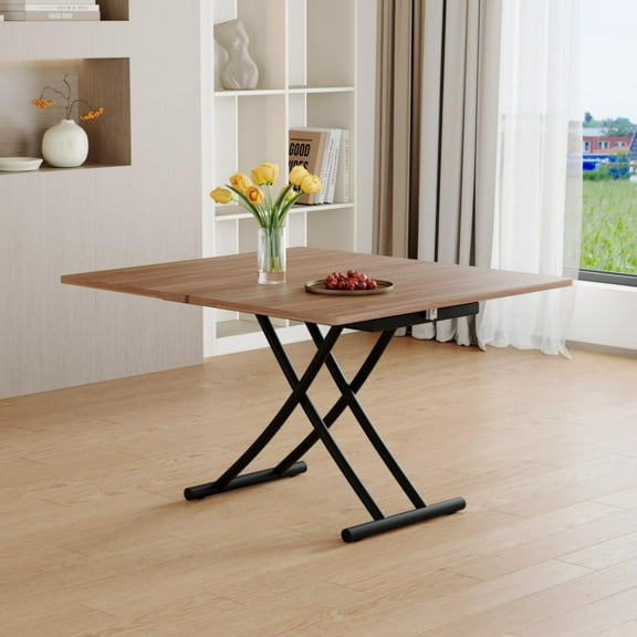 TesNus Folding Dining Table, Adjustable Height Lift Top Coffee Table with Wood Grain Foldable Desktop and Metal Legs for Living Room Small Spaces