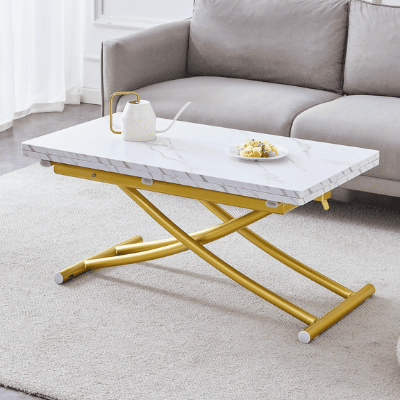 TesNus Adjustable Height Lift Table, White Marble-Textured 0.8" MDF Top with Gold Metal Legs, Folding Coffee Dining Table for Living Room Apartment
