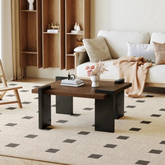 TesNus Modern Square Coffee Table with 4 Legs, Walnut Accent Table with Unique Design for Living Room or Bedroom, Durable and Easy to Clean Furniture Piece