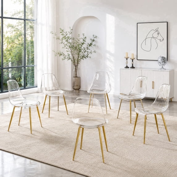 Ciphrias Clear PET Dining Chairs Set of 6 with Gold Metal Legs for Dining Room