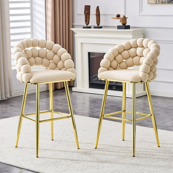 TesNus Velvet Bar Stools Set of 2, 42.5 Inch Beige Bubble Back with Gold Metal Legs for Kitchen Island Home Bar