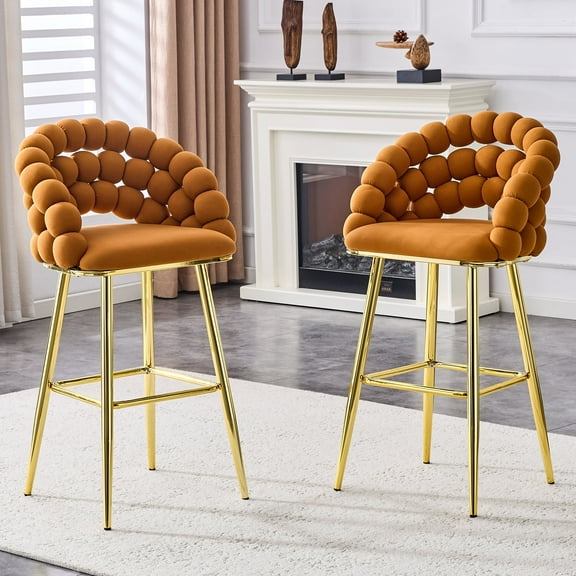 TesNus Velvet Bar Stools Set of 2, 42.5 Inch Orange Bubble Back with Gold Metal Legs for Kitchen Island Home Bar