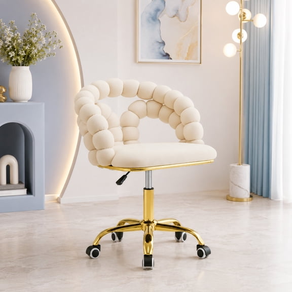 TesNus Velvet Swivel Adjustable Desk Chair with Bubble Back Gold Base 35 Inch for Vanity Beige