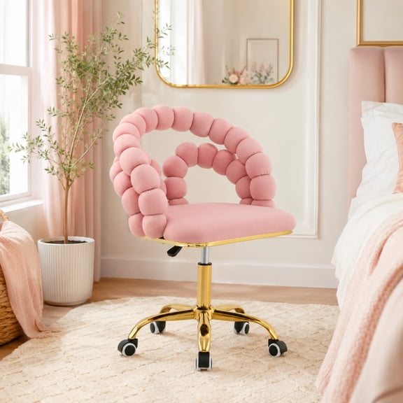 TesNus Velvet Swivel Vanity Chair 35 Inch Braided Bubble Back Pink Gold Base for Bedroom Office