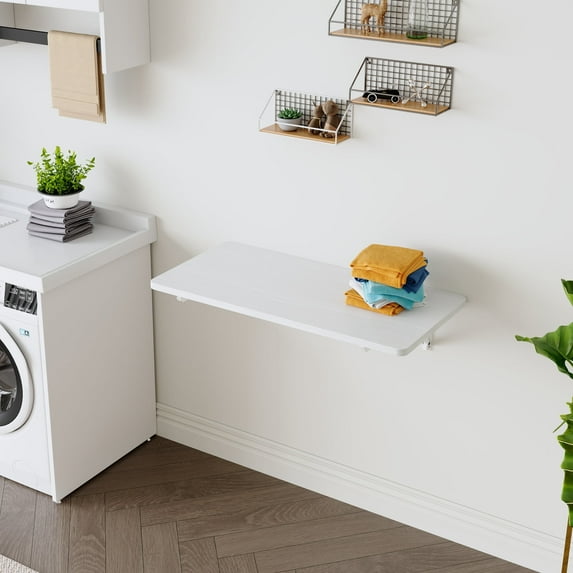 TesNus Wall Mounted Folding Table - 31.5" Heavy Duty Space Saving Workbench for Laundry Room/Garage/Home Office, 100lb Capacity Fold Down Desk with Steel Brackets, MDF Surface