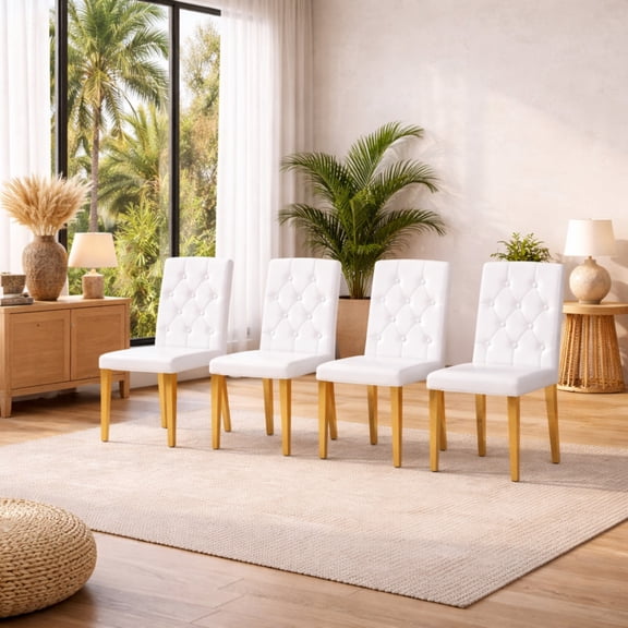 TesNus White PU Leather Dining Chairs Set of 4, Button Tufted Backrest, Gold Metal Legs, Upholstered Kitchen Dining Room Chairs