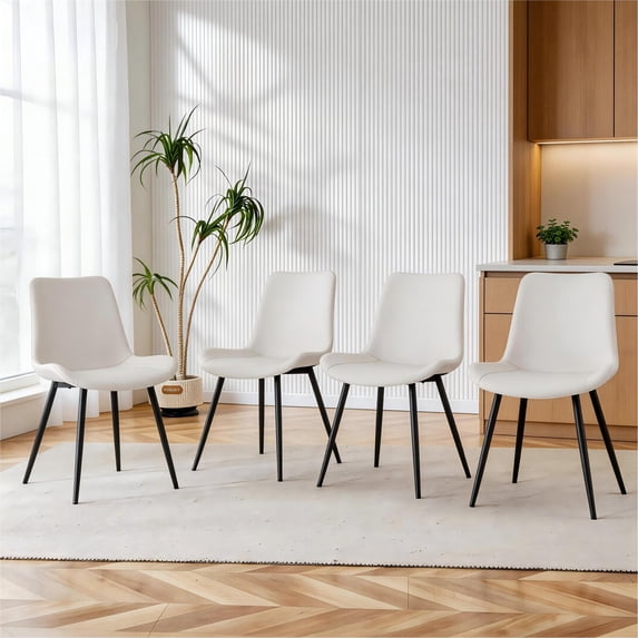 TesNus White artificial leather backrest cushion dining chair, black metal legs, curved widened cushion design for more comfort, suitable for restaurants, kitchens, bedrooms, offices.(4 chairs)