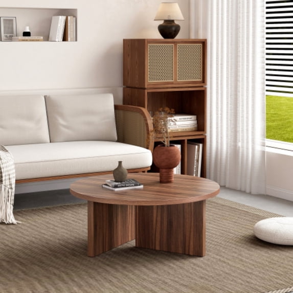 TesNus 31.5 Inch Wooden Round Coffee Table Walnut Modern Center Table for Living Room Office and Small Space