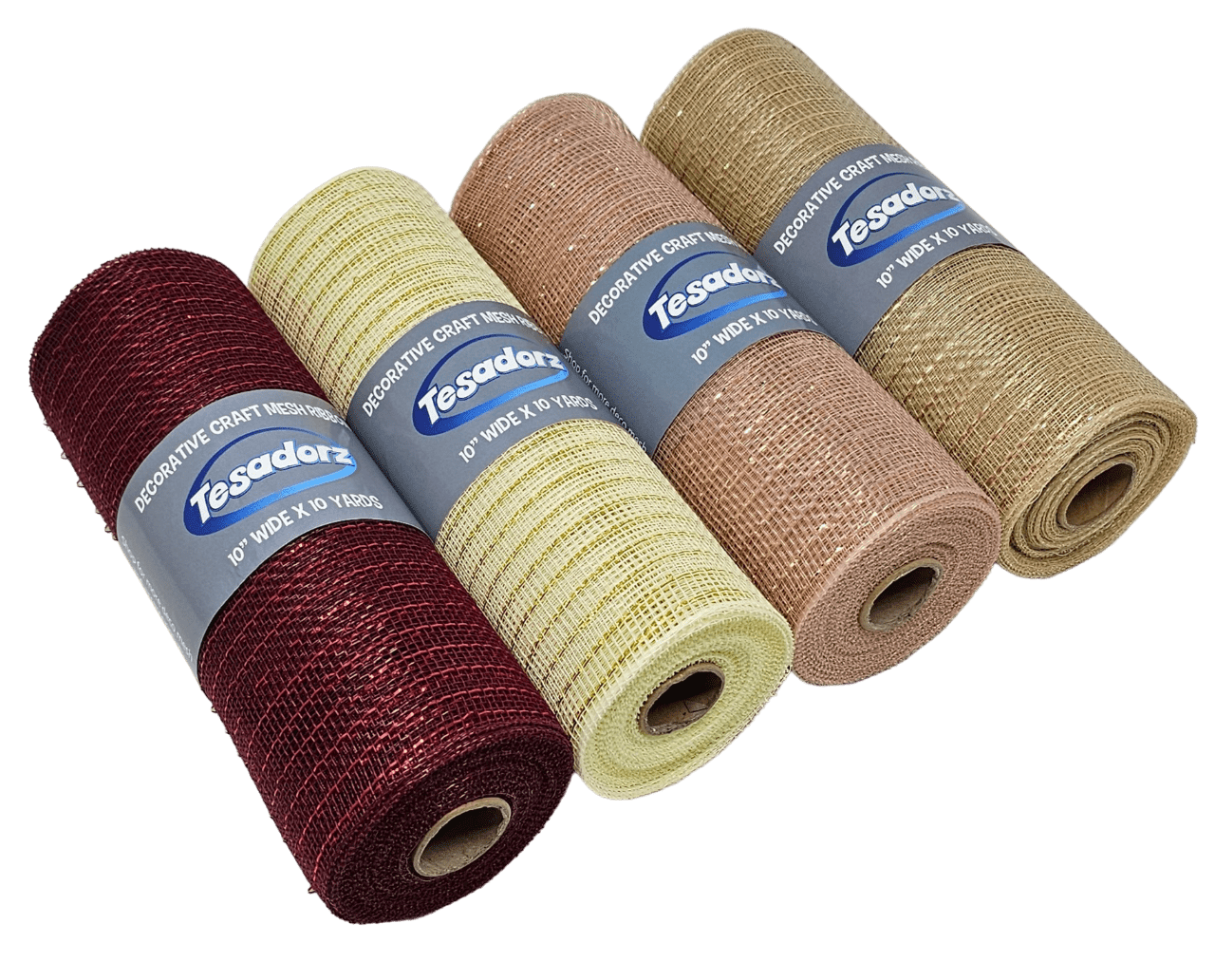 Tesadorz Brand Rose Gold, Ivory, Burgundy and Champagne Gold 10" Decorative Metallic Deco Mesh Ribbon Rolls
