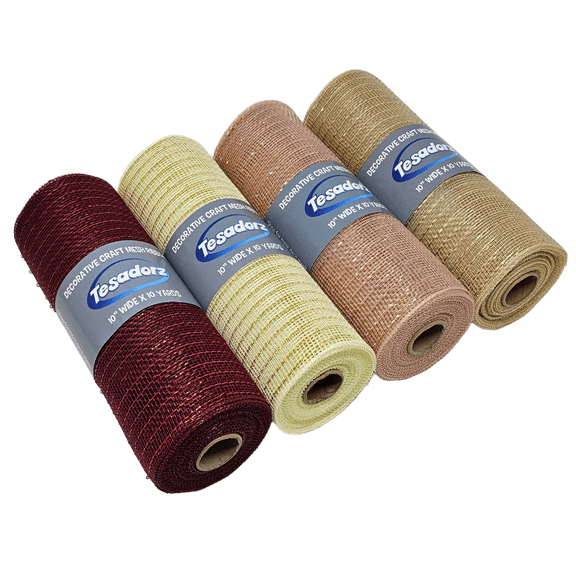 Tesadorz Brand Rose Gold, Ivory, Burgundy and Champagne Gold 10" Decorative Metallic Deco Mesh Ribbon Rolls
