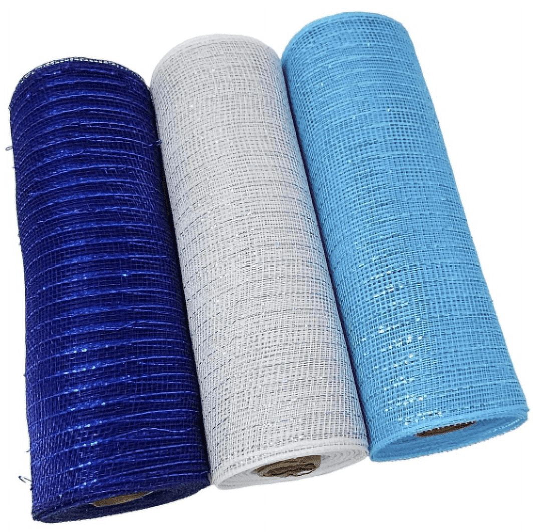 Tesadorz Royal, White, and Light Blue 10" Wide Deco Mesh Ribbon Rolls, 10 Yards