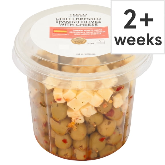 Tesco Chilli Dressed Spanish Olives with Cheese 420g, Imported from Britain