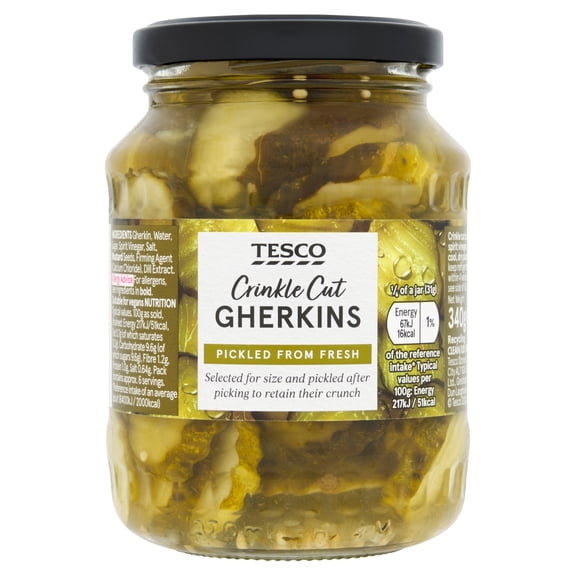 Tesco Crinkle Cut Gherkins 340G, Imported from Britain