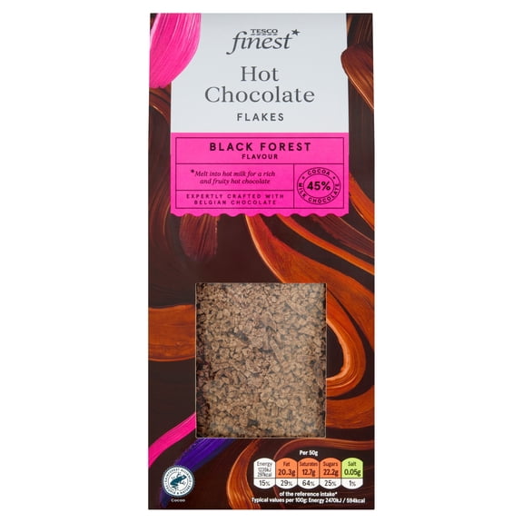 Tesco Finest Belgian 45% Black Forest Flavour Hot Chocolate Flakes 250g, Imported from Britain