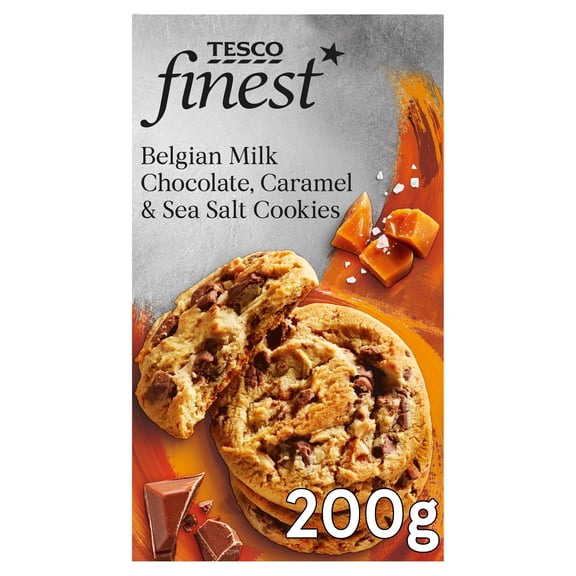 Tesco Finest Belgian Milk Chocolate, Caramel & Sea Salt Cookies 200g, Imported from Britain