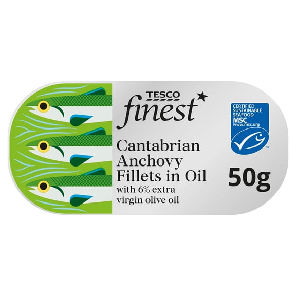 Tesco Finest Cantabrian Anchovy Fillets in Extra Virgin Olive Oil 50g, Imported from Britain
