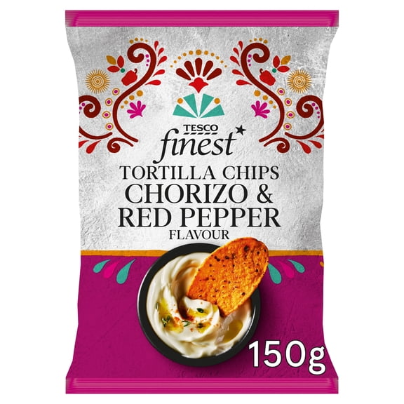 Tesco Finest Chorizo & Red Pepper Flavour Tortilla Chips 150g, Imported from Britain