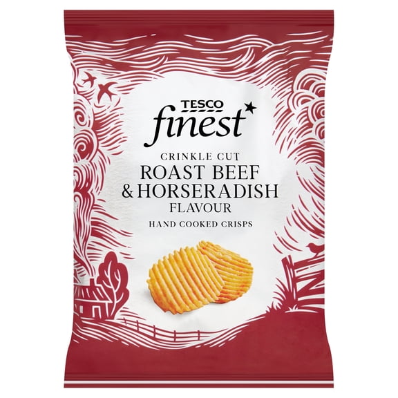 Tesco Finest Crinkle Cut Roast Beef & Horseradish Flavour Hand Cooked Crisps 150g, Imported from Britain