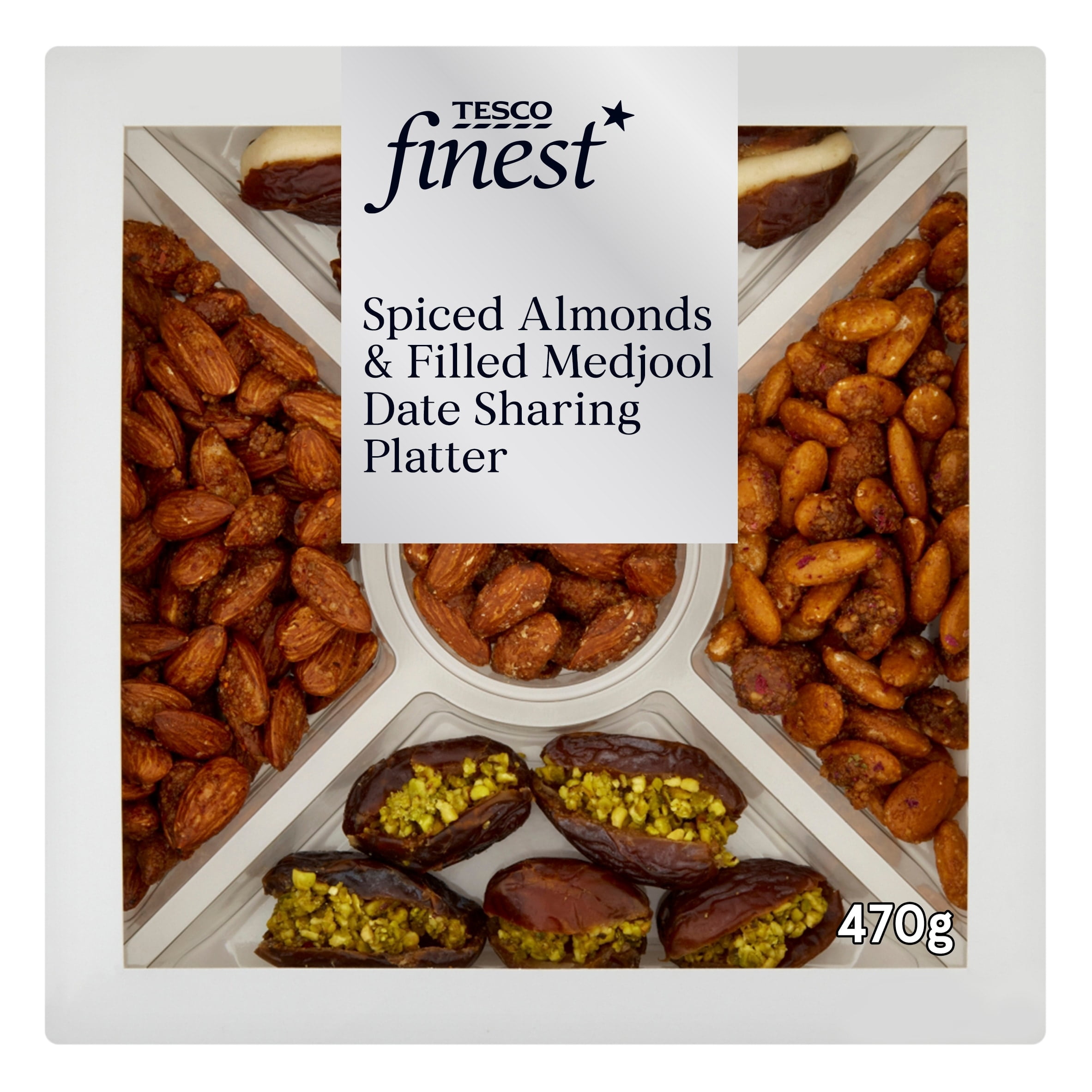 Tesco Finest Spiced Almonds Medjool Date Tray 450G, Imported from Britain