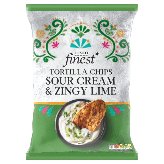 Tesco Finest Tortilla Chips - Sour Cream & Zingy Lime 150g, Imported from Britain