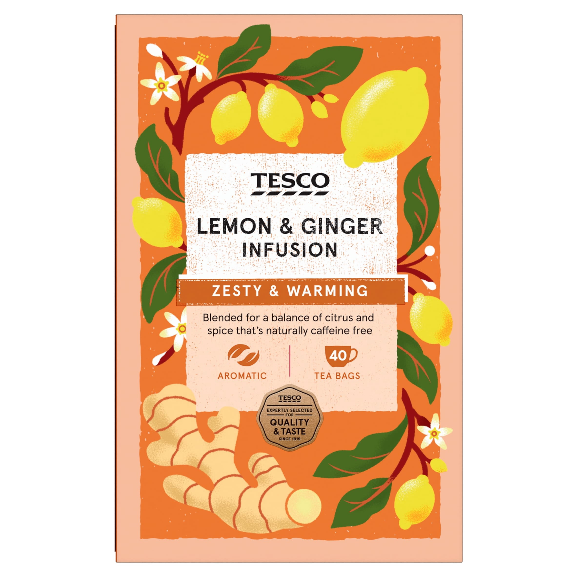 Tesco Lemon & Ginger 40 Tea Bags 80G, Imported from Britain