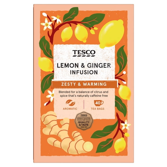 Tesco Lemon & Ginger 40 Tea Bags 80G, Imported from Britain