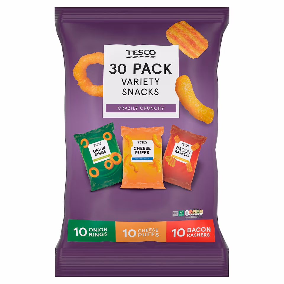 Tesco Mixed Snacks 30 Pack 530G, Onion Rings, Cheese Puffs & Bacon Rashers