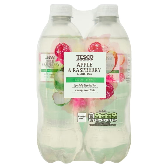 Tesco No Added Sugar Apple & Raspberry Sparkling Flavoured Water 4 x 500ml, Imported from Britain