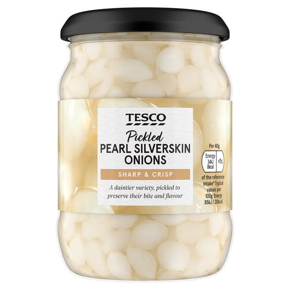 Tesco Pickled Pearl Silverskin Onions 340g, Imported from Britain