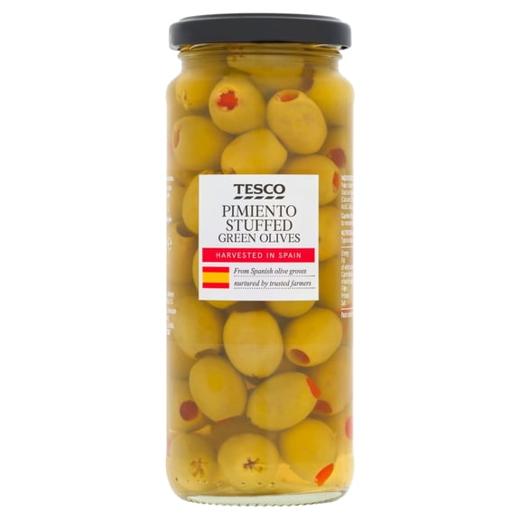 Tesco Pimiento Stuffed Olives In Brine 340G, Imported from Britain
