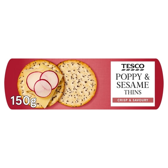 Tesco Poppy & Sesame Thins 150g, Imported from Britain
