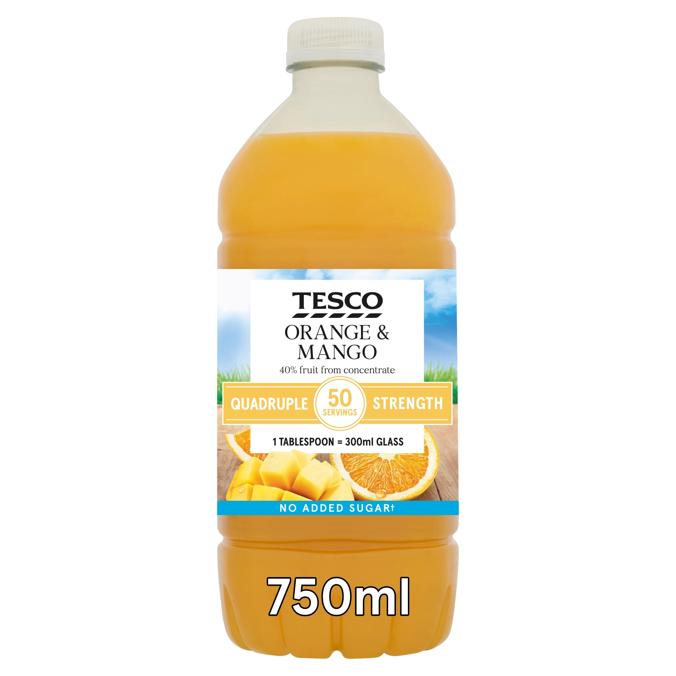 Tesco Quadruple Strength Orange & Mango Squash No Added Sugar 750Ml, Imported from Britain
