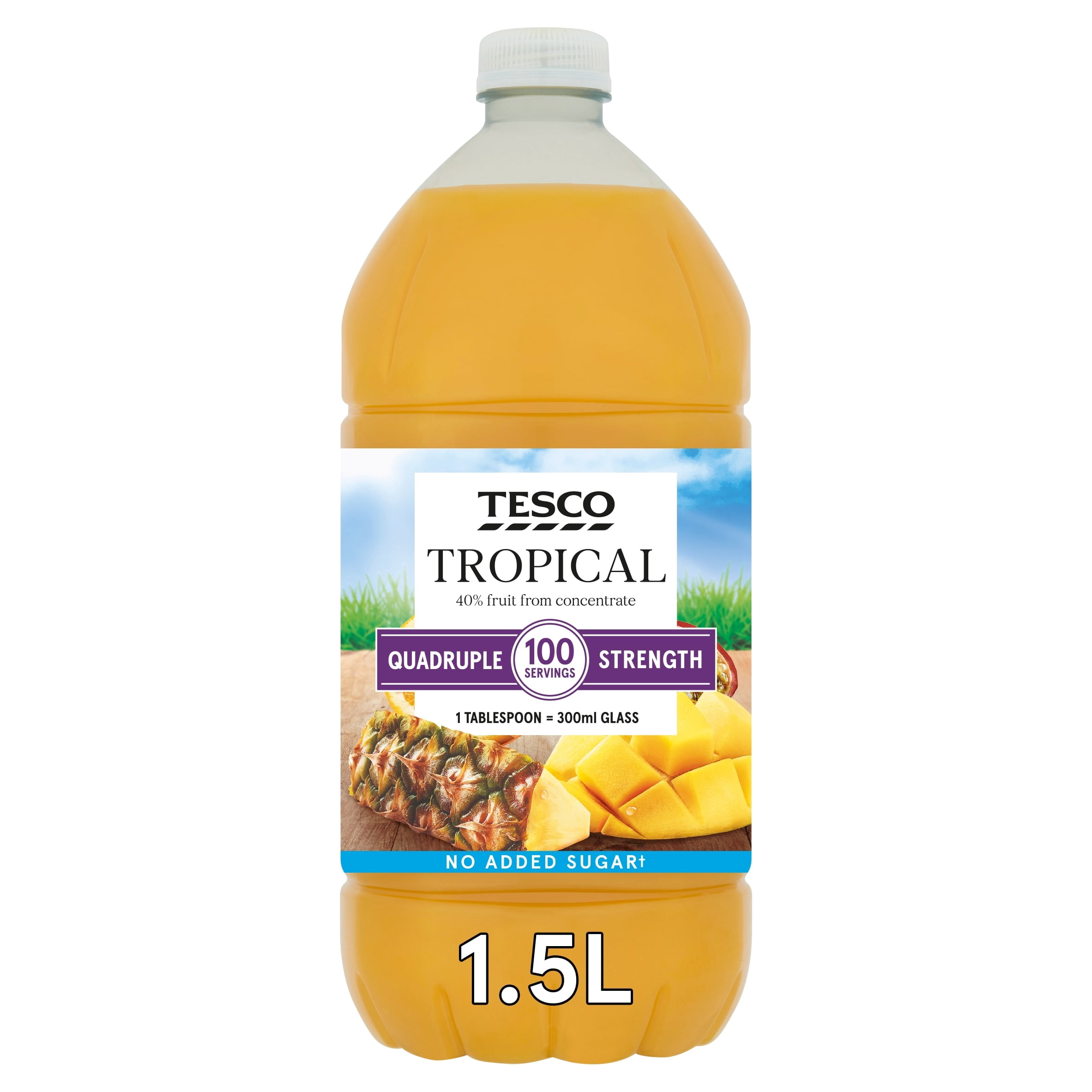 Tesco Quadruple Strength Tropical Squash No Added Sugar 1.5L, Imported from Britain