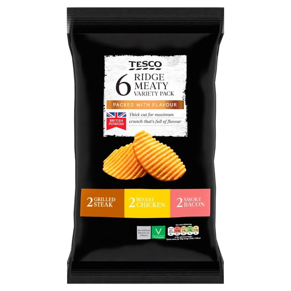 Tesco Ridge Meaty Variety Pack Crisps 6x30g, Imported from Britain