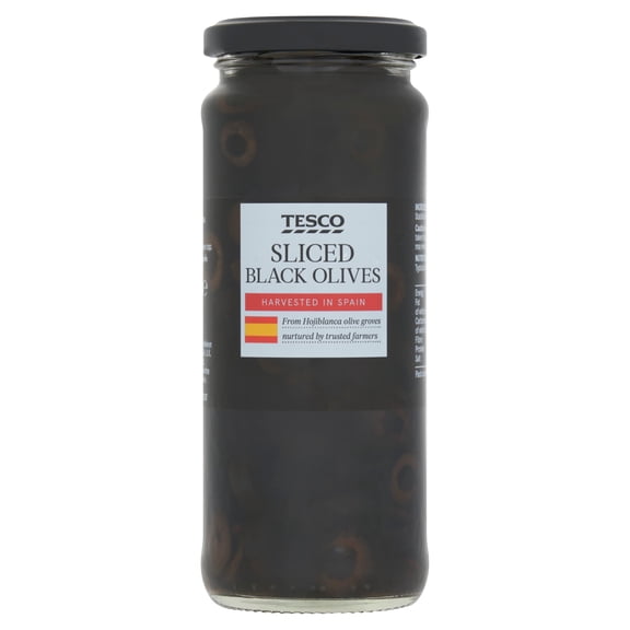Tesco Sliced Black Olives In Brine 340G, Imported from Britain