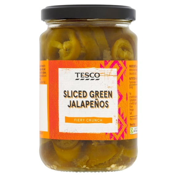 Tesco Sliced Green Jalapenos In Brine 300G, Imported from Britain