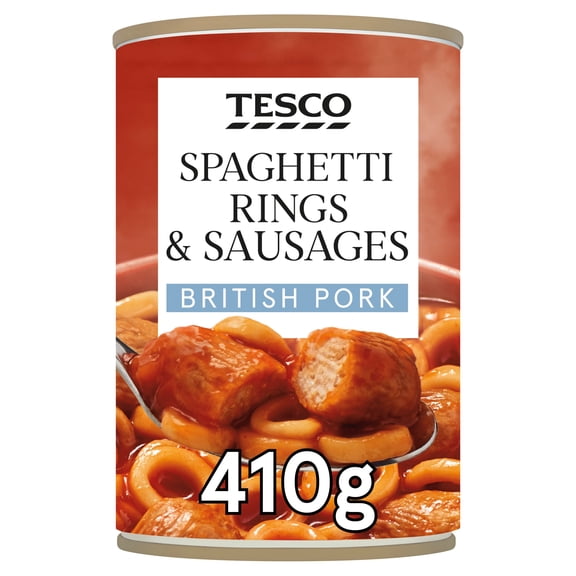 Tesco Spaghetti Rings Sausages In Tomato Sauce 410G, Imported from Britain