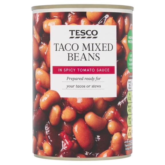 Tesco Taco Mixed Beans Spicy Tomato Sauce 395G, Imported from Britain