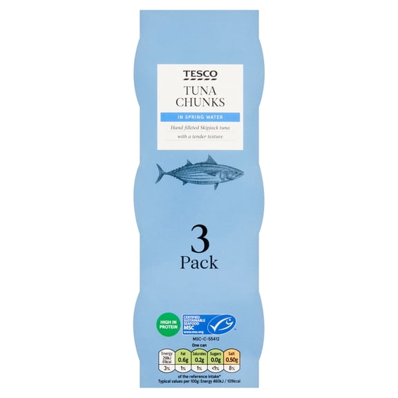 Tesco Tuna Chunks In Spring Water 3X80g, Imported from Britain