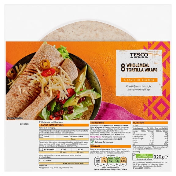 Tesco Wholemeal Tortilla Wraps 8 Pack 320g, Imported from Britain
