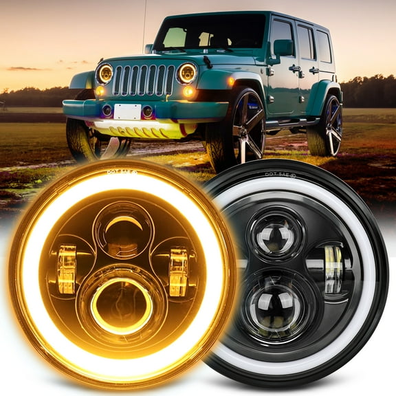 Tesfeel 7 inch LED Headlights Compatible with Jeep Wrangler JK TJ CJ H6024 LED Headlight White DRL Amber Halo Turn Signal