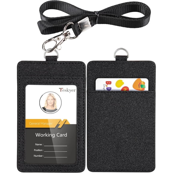 Teskyer Badge Holder with Lanyard, Leather ID Name Badge Card Holder with Lanyard for ID Badges, Vertical, Starry Black