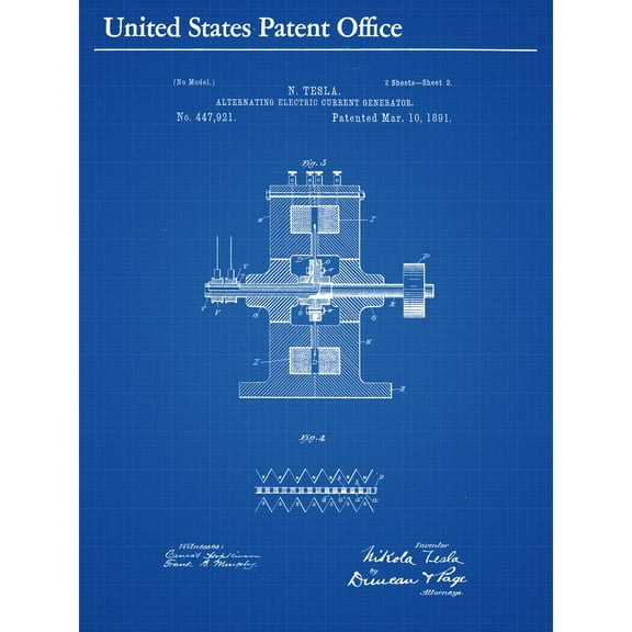 Tesla Alternating Electric Current Generator Side 1891 Patent Extra Large XL Wall Art Poster Print