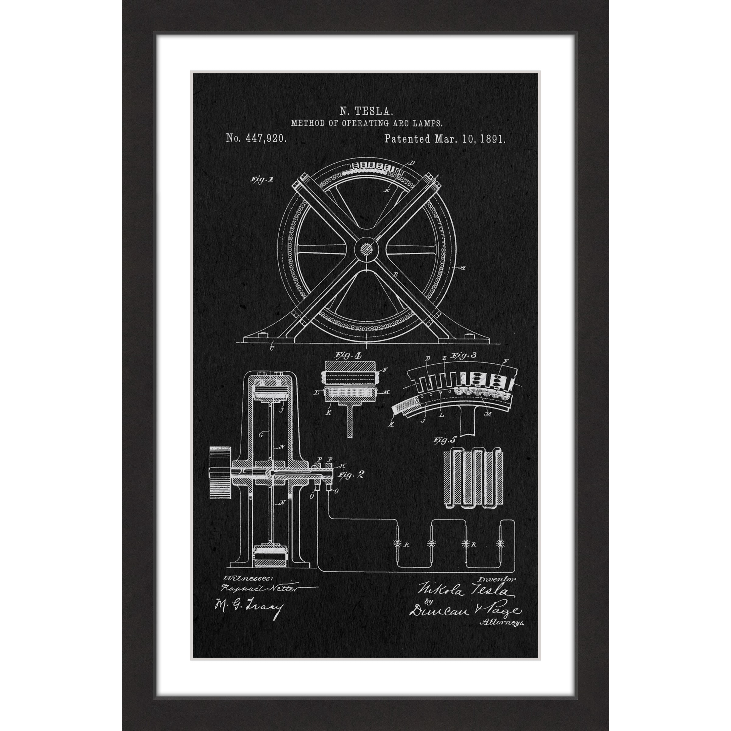"Tesla Arc Lamp 1891 Black Paper" Framed Painting Print