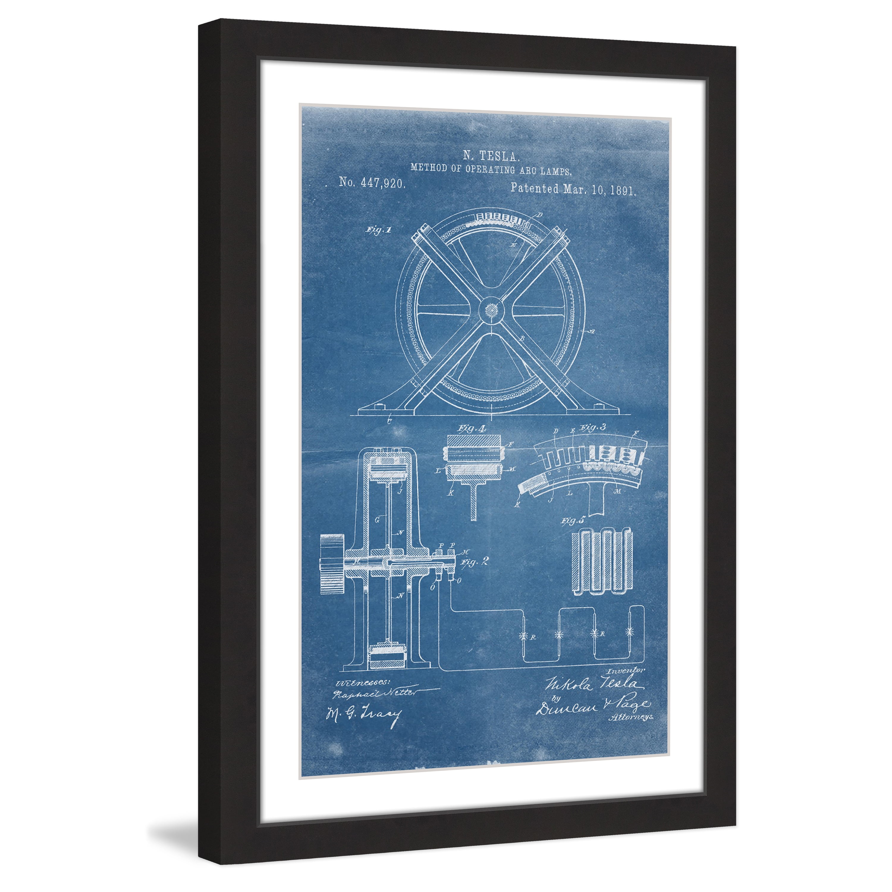 "Tesla Arc Lamp 1891 Blueprint" Framed Painting Print