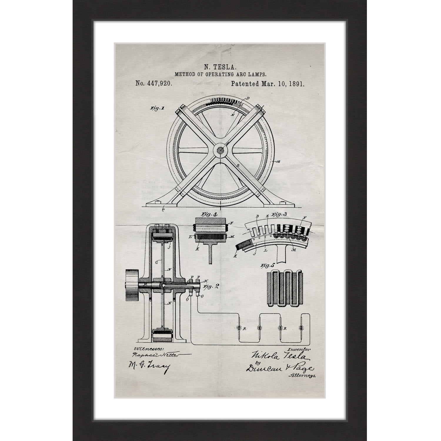 "Tesla Arc Lamp 1891 Old Paper" Framed Painting Print