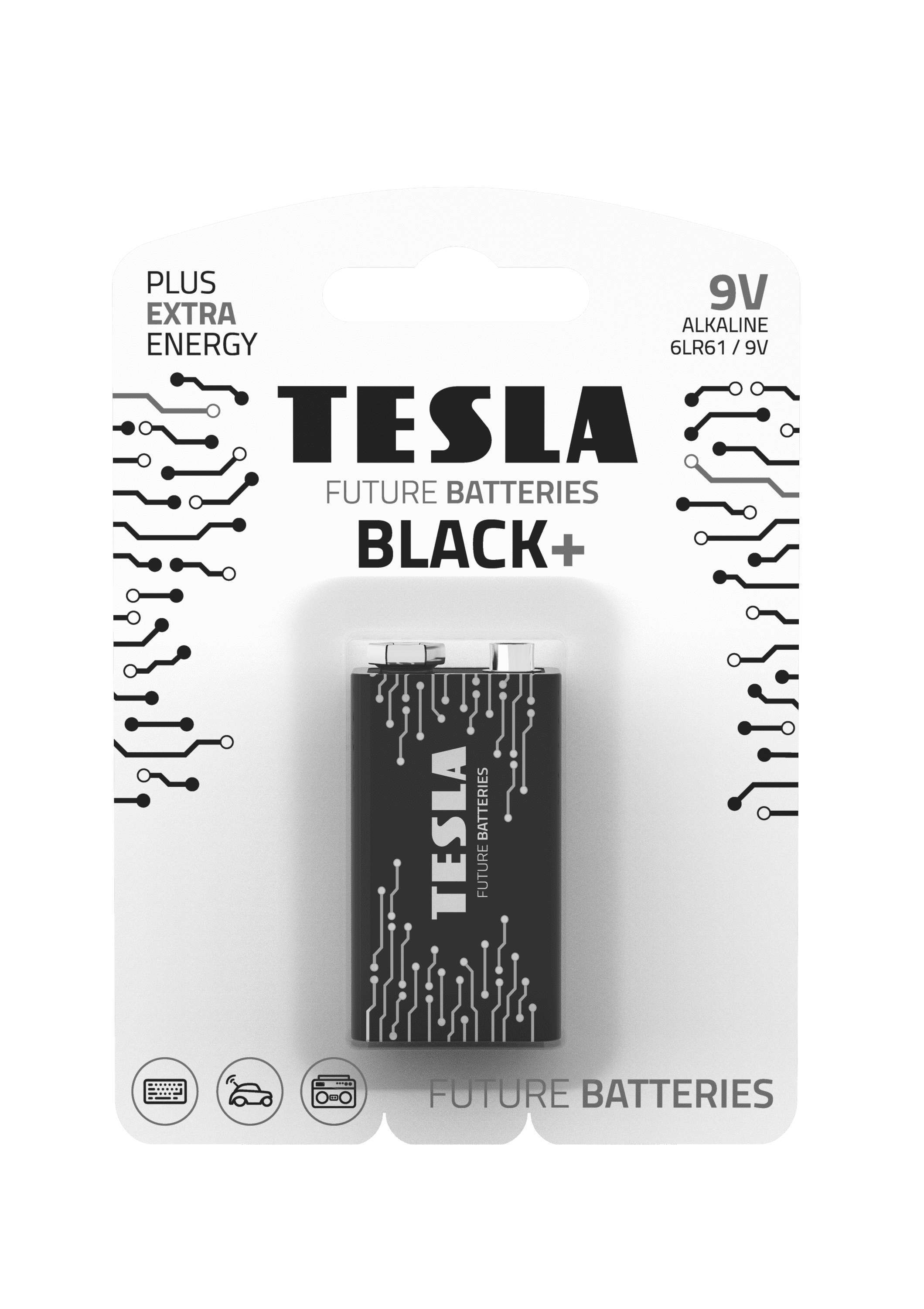Tesla Batteries 9V Black+ Maximum Power Alkaline Batteries, 10+ Year Shelf Life, A Long-Lasting Battery Life, Leak-Free (6LR61 / 1 Count [Pack of 1])