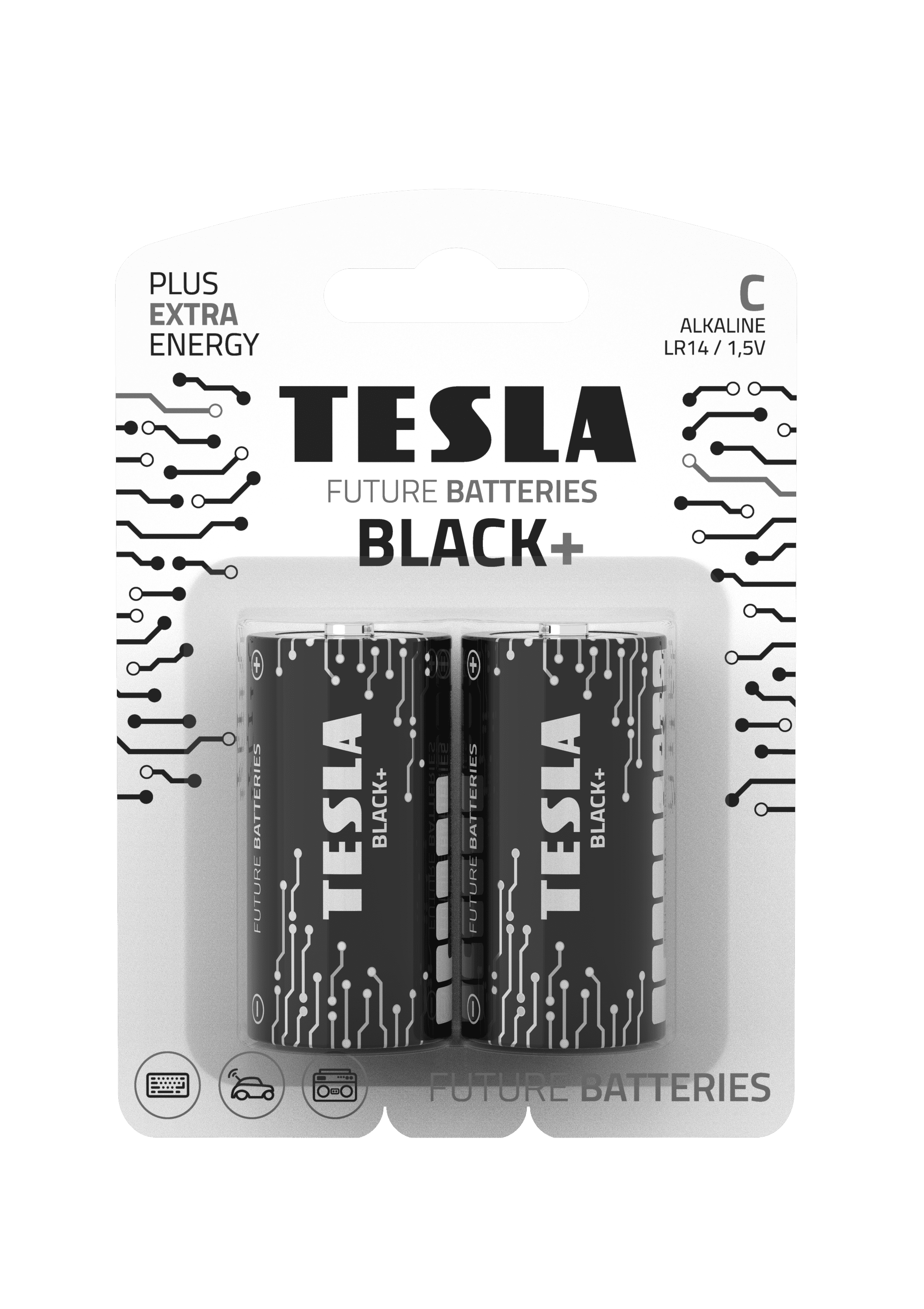 Tesla Batteries C Black+ (LR14 / Blister FOIL 2 PCS) Maximum Power Alkaline Batteries, 10 Year Shelf Life, A Long-Lasting Battery Life, Leak-Free.