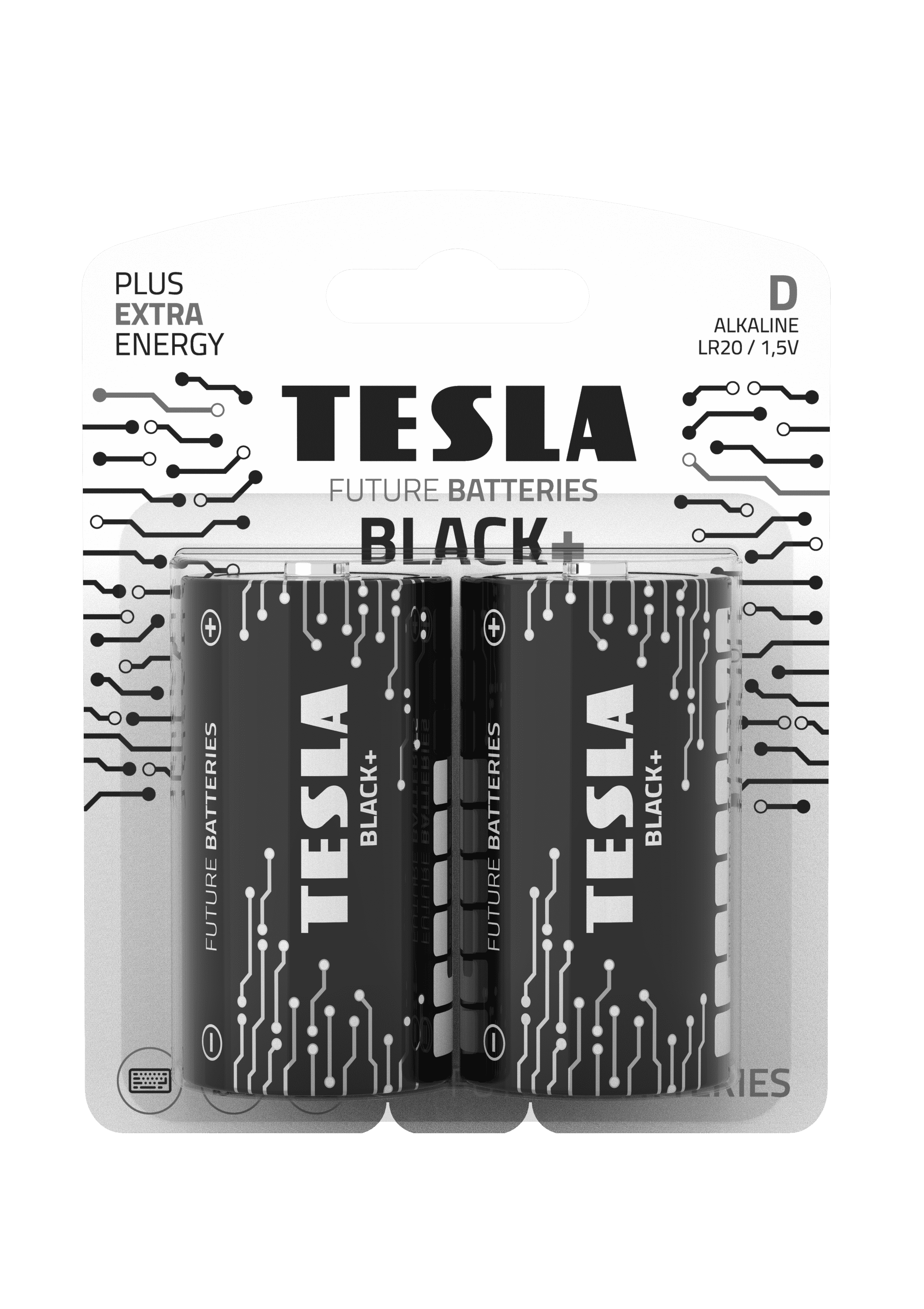 Tesla Batteries D Black+ Maximum Power Alkaline Batteries, 10+ Year Shelf Life, A LongLasting