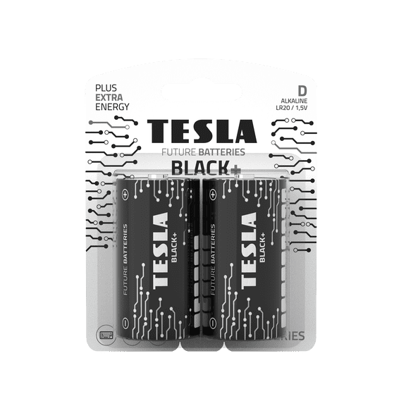 Tesla Batteries D Black+ Maximum Power Alkaline Batteries, 10+ Year Shelf Life, A Long-Lasting Battery Life, Leak-Free (LR20 / 2 Count [Pack of 1])